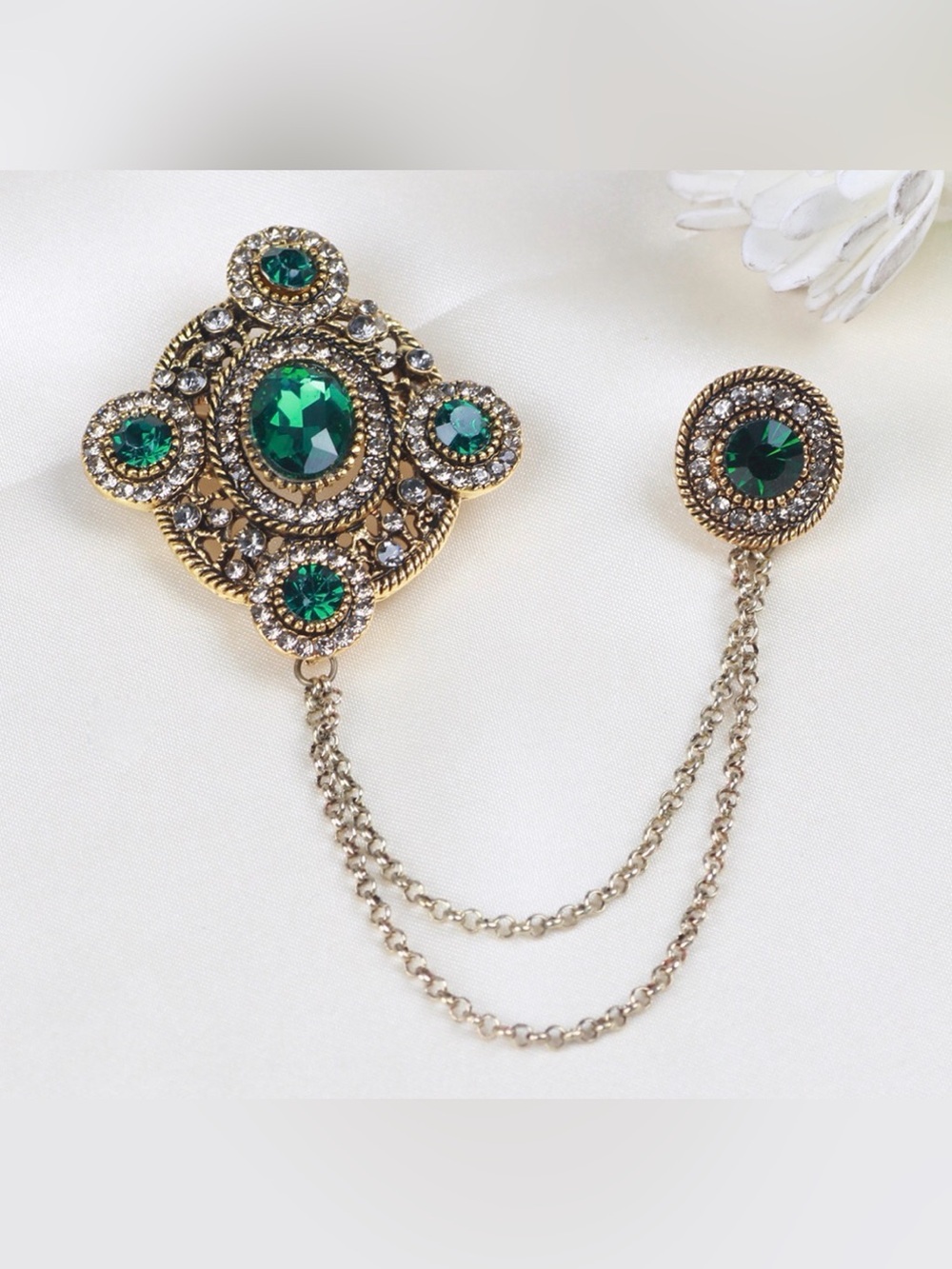 Emerald Green Crystal Double-Button Brooch with Gold-Tone Chain